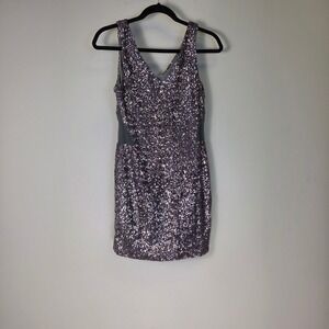 Danity Womens Lav/Silv Sequin Mini Dress V-Neck Mesh Side Panel Party Cocktail L